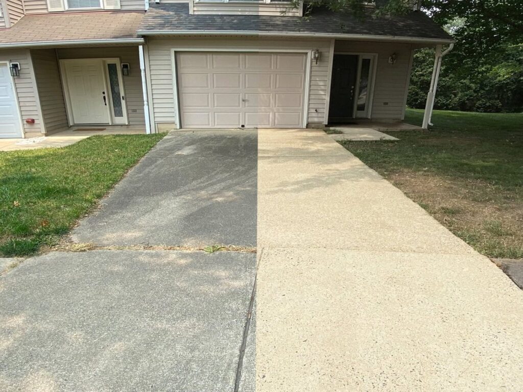 Before and after comparison of a driveway pressure washing service by PCE Pressure Washing. The left side shows a dark, stained, and unclean surface, while the right side displays a clean, bright, and refreshed look post-washing.