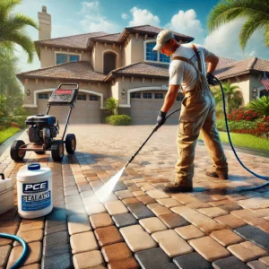 A worker in a PCE-branded uniform sealing beige and gray pavers on a driveway in Winter Haven, FL, with a suburban home, landscaping, and palm trees nearby