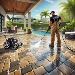 A worker in a PCE-branded uniform using a high-pressure washing machine on a patio of tan and gray pavers in Winter Haven, FL, with greenery and a pool in the background